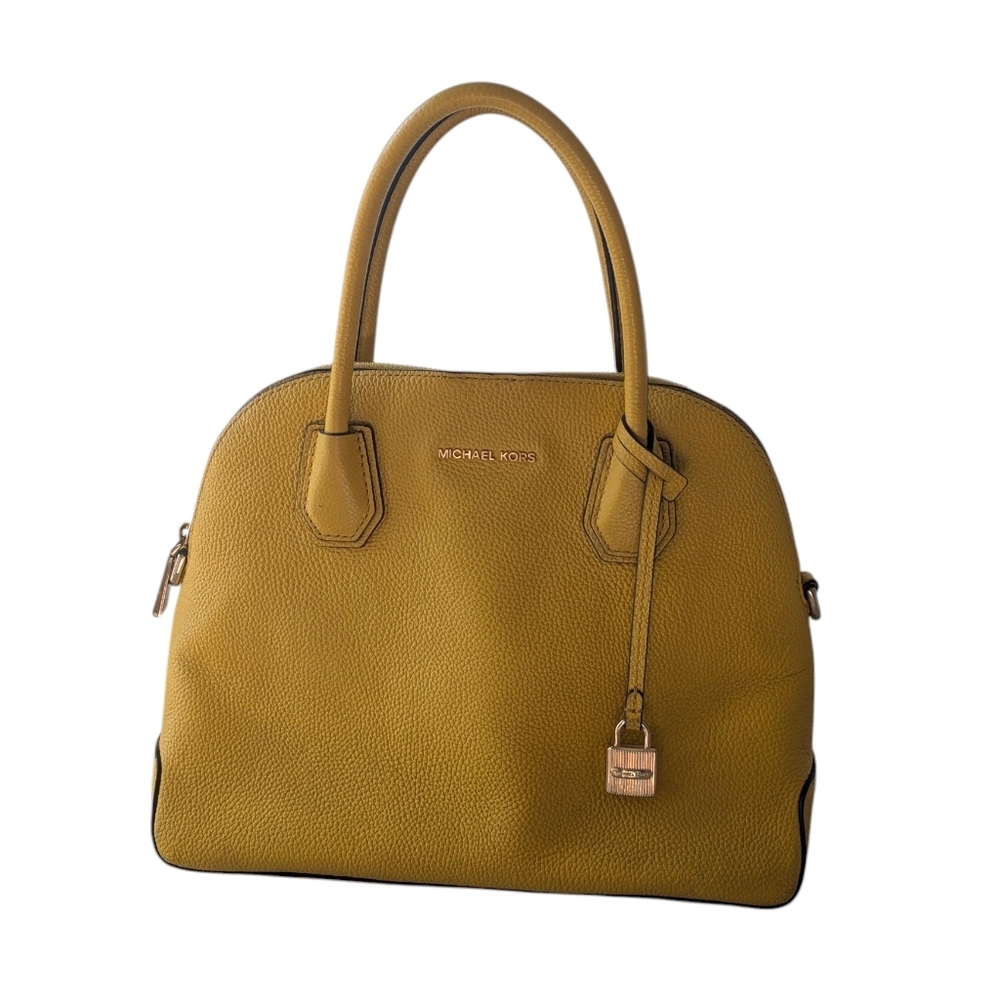Michael Kors Emmy Large Dome Satchel Yellow Pebbled Leather Handbag with Padlock